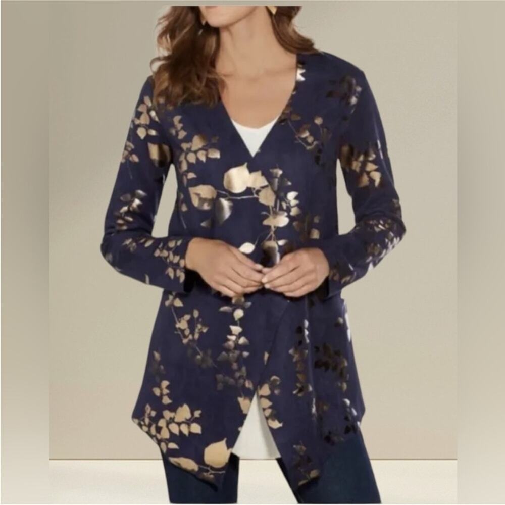 NEW Soft Surroundings Samsara Cardigan Womens XL Blue Gold Floral Open Front